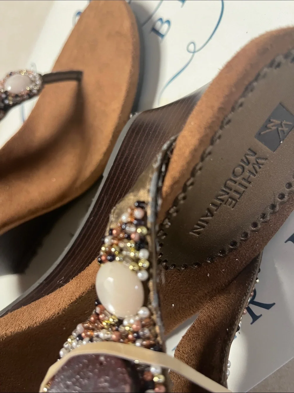 White Mountain Brown Beaded Thong Sandals with White Stone Accents
